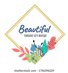 Vector hermosa ilustración floral con texto sobre fondo blanco en el marco. Diseño de flores de estilo de arte de línea plana con hoja para web, sitio de venta de temporada de primavera, afiche encantador, tarjeta de saludo floral