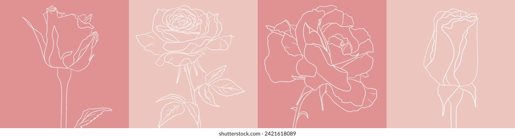Hermosas flores vectoriales. Dibujo de una línea de rosa y un brote sobre un fondo de colores rosa pastel. Ilustración minimalista de una línea para banner, postal, adhesivo
