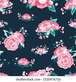 Vector Beautiful Folk Roses on Dark Green seamless pattern background.