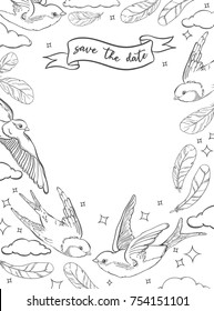 Vector beautiful frame with birds swallows, for wedding invitation cards or  postcard.