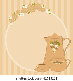 Vector beautiful frame with flowers and beautiful cups and tea-pots