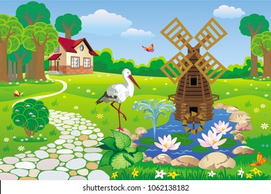 Hermoso jardín vectorial con estanque decorativo, molino y figura de cigüeña de jardín
