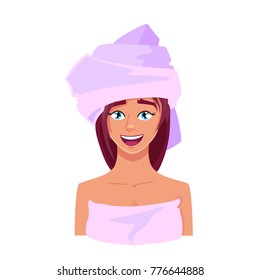 Vector beautiful girl after the shower is dressed in a towel, on her head is a towel, illustration isolated on white background