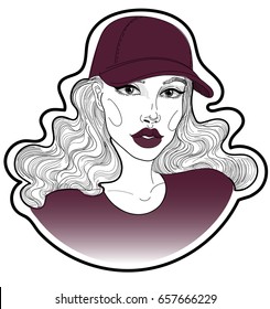Vector Beautiful girl in a baseball cap and with bright lipstick