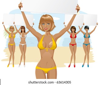 Vektorschönes Mädchen auf Bikini mit leerem Brett, Nahaufnahme und voller Länge