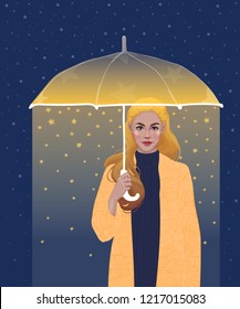 vector of a beautiful girl blonde with golden hair, wearing a coat on her, holding a shining umbrella in her hands, from which stars are falling