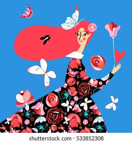Vector beautiful girl with butterflies on a blue background