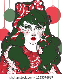vector of a beautiful girl in a Christmas tree costume, new year, red green color