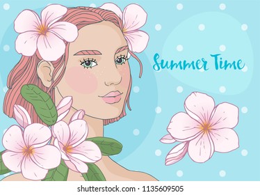 Vector beautiful girl with color hair and flowers in her hair