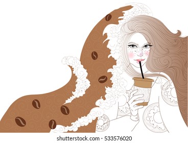 vector beautiful girl is drinking coffee and it covers the wave of cheerfulness