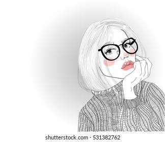 vector  beautiful girl with glasses and a sweater with space for your text