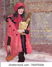 vector beautiful girl goes with a package of products, winter, new year, lights burn, it is snowing
