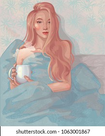 vector beautiful girl with long shaggy strawberry-pink hair in a crumpled bed, in her hands a cup of hot coffee, sunrays on a background 