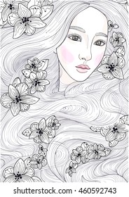 vector beautiful girl with miracles long hair and black orchids