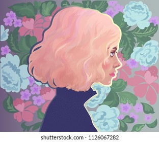 vector beautiful girl with pink hair in profile on a background of bright gentle blue flowers