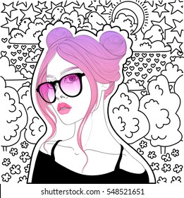 vector beautiful girl with pink hair and glasses with hair in two bunches