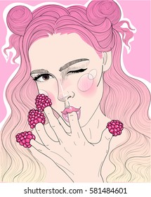 
vector beautiful girl with pink hair eating a raspberry on her fingers and winking