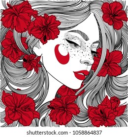 vector beautiful girl in profile face, black and white, coloring, ornament, with bright scarlet lipstick and red flowers hibiscus in lush hair