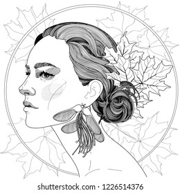 vector of a beautiful girl in profile, with maple leaves in her hair, and beautiful maple earrings