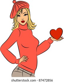 Vector beautiful girl with red heart