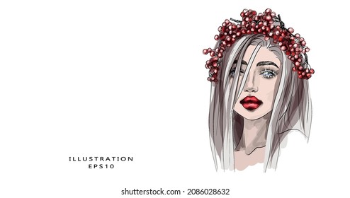 vector of a beautiful girl with a ruddy face, bunches of mountain ash, winter, winter fairy