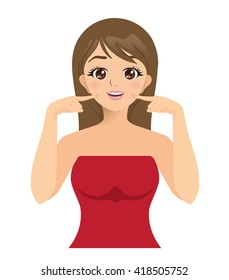 Vector of Beautiful girl smiling showing her white teeth and pointing fingers at mouth