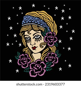 vector of beautiful girl surrounded by flowers, good for design reference