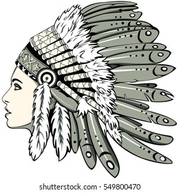 Vector of beautiful girl with traditional chief headdress of American Indian. Boho style.