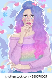 vector  beautiful girl with trendy bright hair and rainbow sweater has reflected on the background of flowers and unicorns