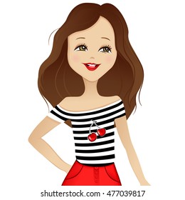 Vector beautiful girl in a T-shirt with a cherry. Cute lady. Cartoon sketch illustration. Fashion young women. Fashionable teen.  Smiling girl. Character drawing.