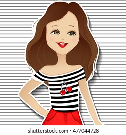 Vector beautiful girl in a T-shirt with a cherry. Cute lady. Cartoon sketch illustration. Fashion young women. Fashionable teen.  Smiling girl. Character drawing.