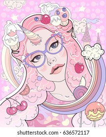 
Vector beautiful girl unicorn, bright pink, sweets and ice cream, fairy confectionery
