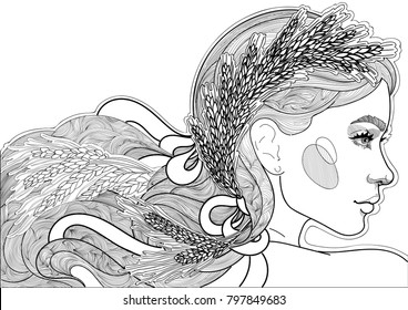 vector beautiful girl with wheat ears in long thick hair on a white background