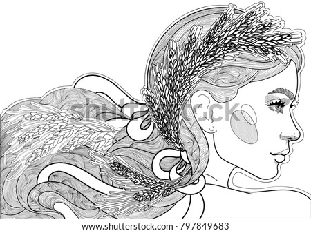 vector beautiful girl with wheat ears in long thick hair on a white background