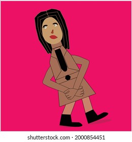 vector of a beautiful girl who has amazing hair and is wearing a brown dress and black boots while standing and lifting her shoes