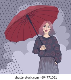 Vector beautiful girl in the wind under the rain with an umbrella in a sweater in a pattern