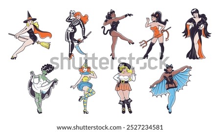 Vector Beautiful Girls Characters Halloween Cartoon Pin Up Retro Style Set Illustration Isolated