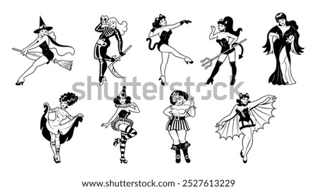 Vector Beautiful Girls Characters Halloween Cartoon Pin Up Retro Style Set Illustration Isolated