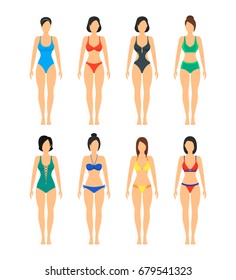 Vector Beautiful girls in Color Bathing Suits Set. Cartoon Women in Swimsuit illustration for Your Design