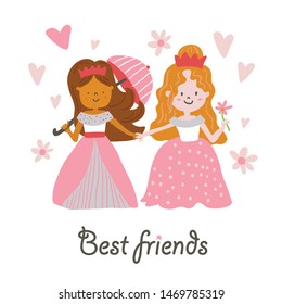 Vector beautiful girls princesses in dresses holding umbrella and flower with best friends lettering. Vector cute little girls. Princess vector illustration - Vector