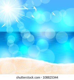 Vector beautiful glittering summer background illustration with ocean, beach and seagulls