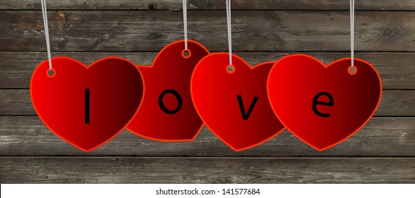 Vector beautiful glossy hearts. Looks like realistic glass. Icon and background. Clear and transparent. Valentine Day card.