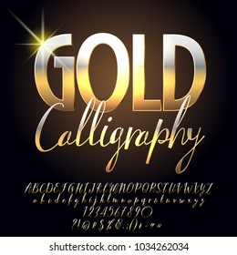Vector beautiful Gold Calligraphy Alphabet. Set of Luxury Elegant Letter, Numbers and Symbols