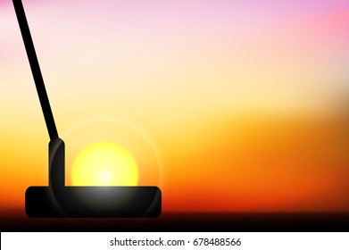 Vector Beautiful Golf Illustration, Twilight Silhouette Putter Putting Stroke With The Sun, Concept Is Challenge For Progress.