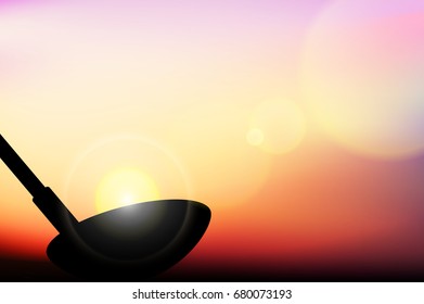 vector beautiful golf illustration, twilight silhouette golf driver swing with the sun, sunrise glitter lens flare, concept is challenge for progress.
