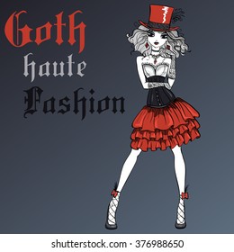 Vector Beautiful Goth girl dressed in the style of High Gothic fashion in black and scarlet dress and silk hat.