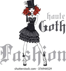 Vector Beautiful Goth girl with scarlet hair dressed in the style of High Gothic fashion in black dress and silk hat. 