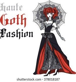 Vector Beautiful Goth Girl With Scarlet Hair Dressed In The Style Of High Gothic Fashion In Black Dress With Umbrella. 