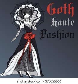 Vector Beautiful Goth girl with scarlet hair dressed in the style of High Gothic fashion in black dress with umbrella.