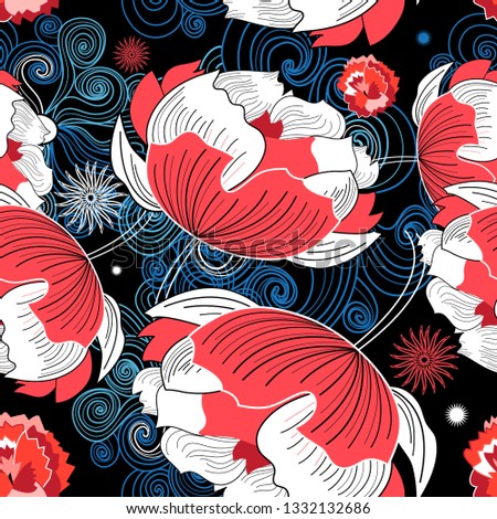 Vector beautiful graphic seamless pattern with flowers on a dark background. An example for the design of fabrics or web sites.